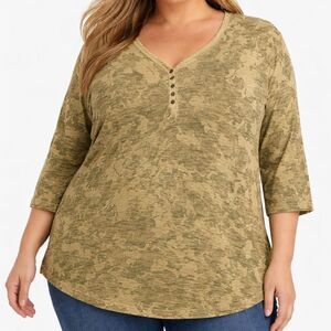 Chaps Camo Henley Top Womens 1X Green Beige 3/4 Sleeve Lightweight